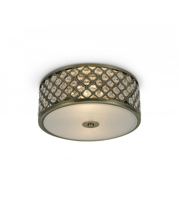 2 Light E14, Flush Ceiling Light, 300mm Round, Antique Brass with Crystal Glass And Opal Glass Diffuser - 1