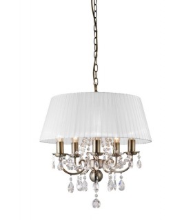 Ceiling Pendant with White Shade 5 Light Antique Brass, Crystal - 1