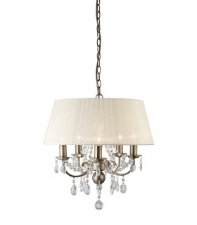 Ceiling Pendant with Ivory Cream Shade 5 Light Antique Brass, Crystal - 1