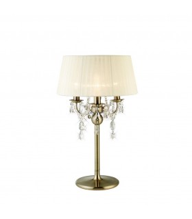 Table Lamp with Cream Shade 3 Light Antique Brass, Crystal - 1
