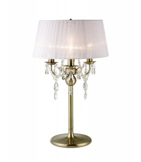 Table Lamp with White Shade 3 Light Antique Brass, Crystal - 1
