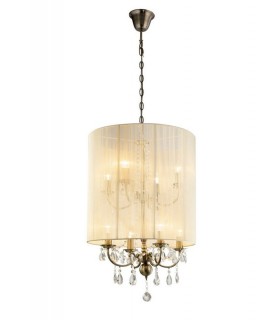 Ceiling Pendant with Ivory Cream Shade 8 Light Antique Brass, Crystal - 1