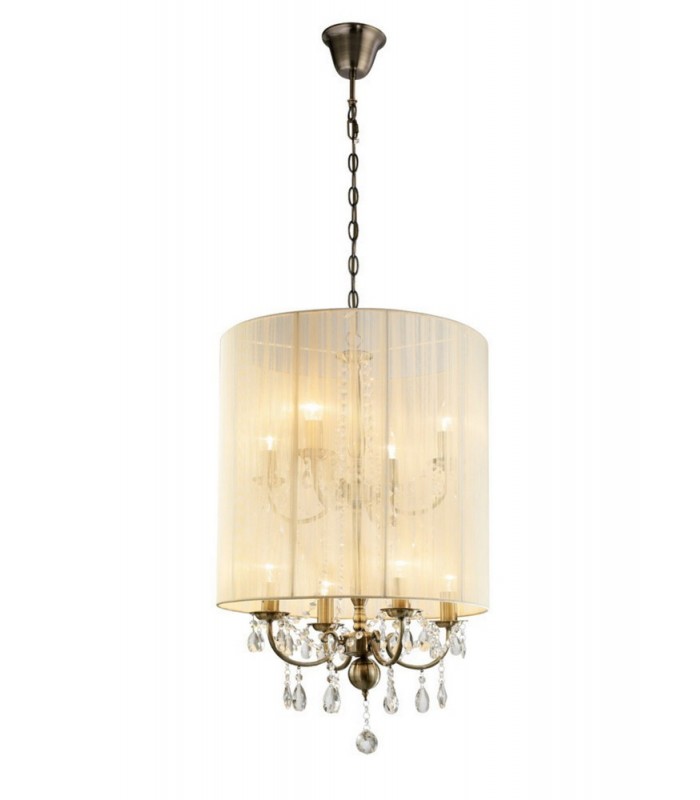 Ceiling Pendant with Ivory Cream Shade 8 Light Antique Brass, Crystal - 1