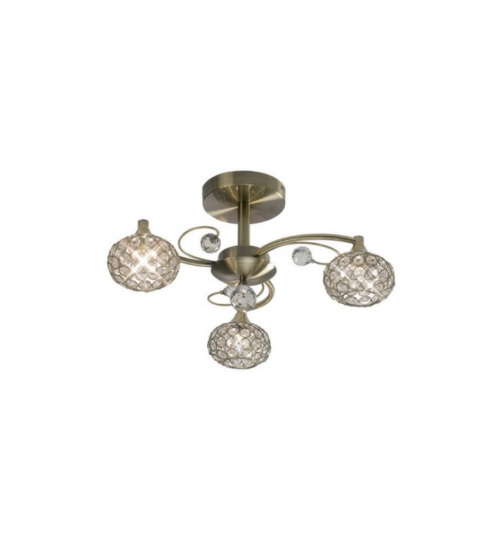 Flush Ceiling 3 Light Antique Brass, Crystal - 1