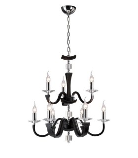 Ceiling Pendant Chandelier 2 Tier 9 Light Polished Chrome, Black Faux Leather, Crystal - 1