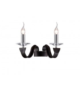 Wall Lamp 2 Light Polished Chrome, Dark Brown Faux Leather, Crystal - 1