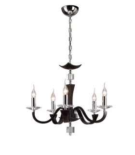 Ceiling Pendant Chandelier 5 Light Polished Chrome, Dark Brown Faux Leather, Crystal - 1