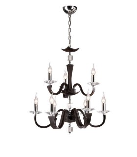 Ceiling Pendant Chandelier 2 Tier 9 Light Polished Chrome Dark Brown Faux Leather, Crystal - 1