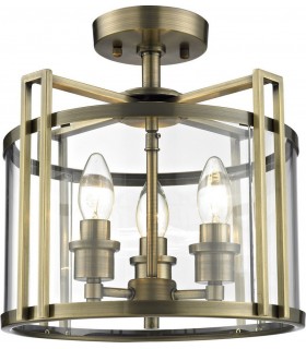 Semi Flush Ceiling 3 Light Antique Brass, Glass - 1