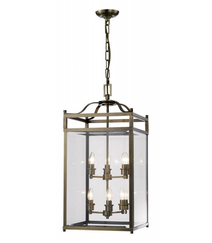 Ceiling Pendant Lantern 6 Light Antique Brass, Glass - 1