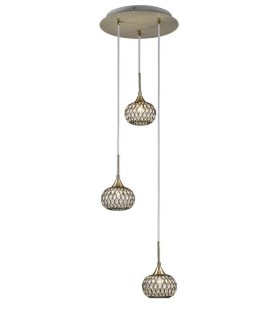 Ceiling Cluster Pendant 3 Light Round Antique Brass, Clear Glass - 1