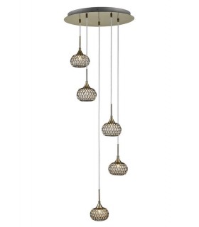 Ceiling Cluster Pendant 5 Light Round Antique Brass, Clear Glass - 1