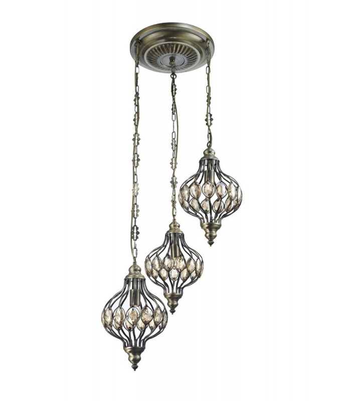 Triple Ceiling Pendant Round 3 Light E27 Antique Brass, Amber Crystal - 1
