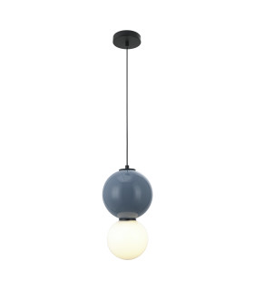 Pieve Slim Pendant Ceiling Light Blue Matt White with Opal Blue Glass Ceramics Shade 3000K Warm White-1
