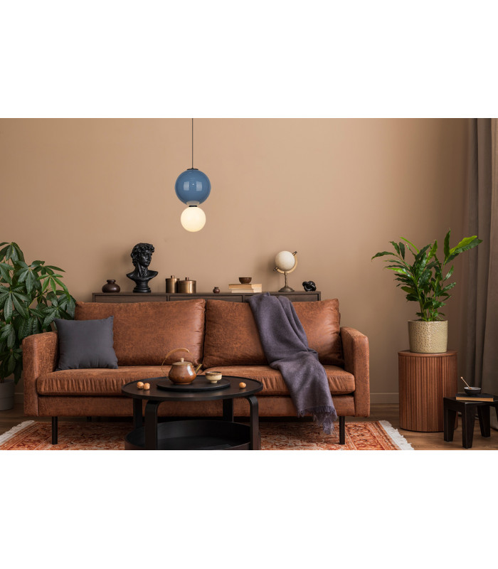 Pieve Small Slim Pendant Ceiling Light Blue Matt White with Blue Glass Ceramics Shade 3000K Warm White-5