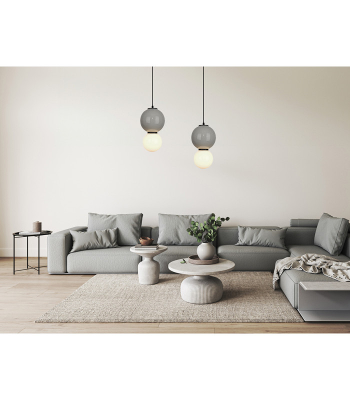 Pieve Small Slim Pendant Ceiling Light Grey Matt White with Grey Glass Ceramics Shade 3000K Warm White-5