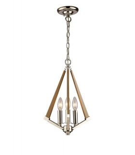 Tetragonal Caged Ceiling Pendant 3 Light E14 Polished Nickel, Taupe Wood - 1