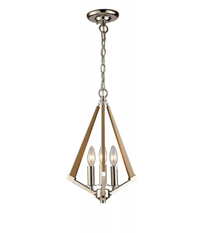 Tetragonal Caged Ceiling Pendant 3 Light E14 Polished Nickel, Taupe Wood - 1