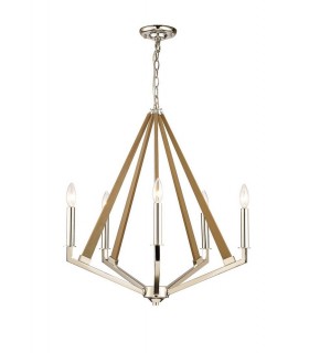 Pentagonal Caged Ceiling Pendant 5 Light E14 Polished Nickel, Taupe Wood - 1