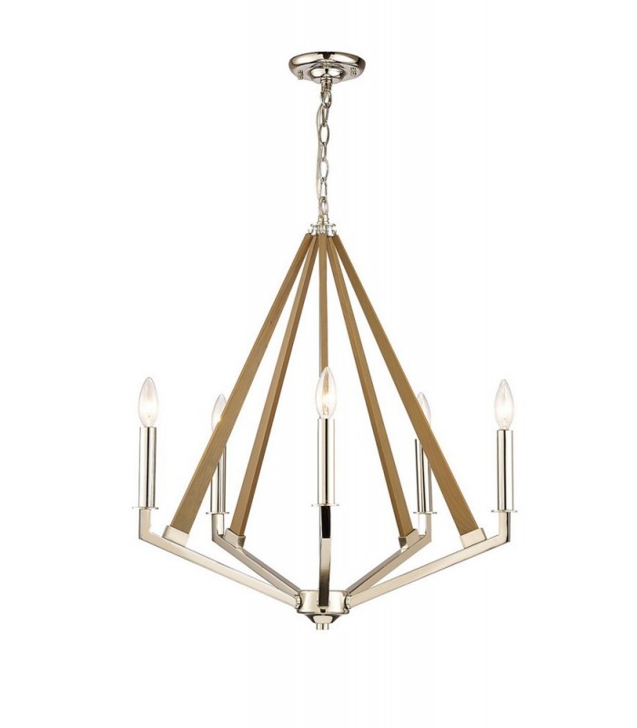 Pentagonal Caged Ceiling Pendant 5 Light E14 Polished Nickel, Taupe Wood - 1