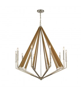 Decagonal Caged Ceiling Pendant 10 Light E14 Polished Nickel, Taupe Wood (Item Requires Assembly) - 1