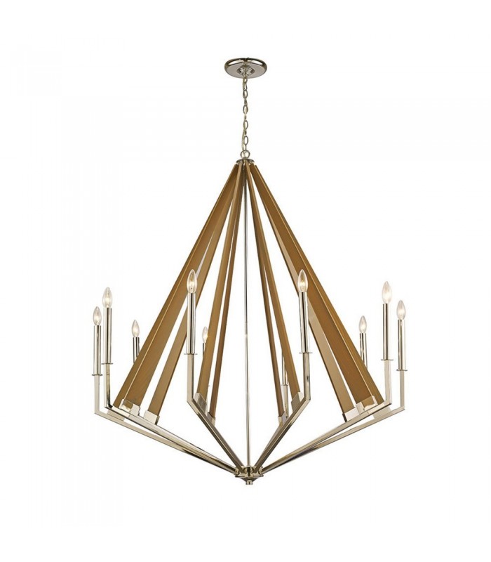 Decagonal Caged Ceiling Pendant 10 Light E14 Polished Nickel, Taupe Wood (Item Requires Assembly) - 1