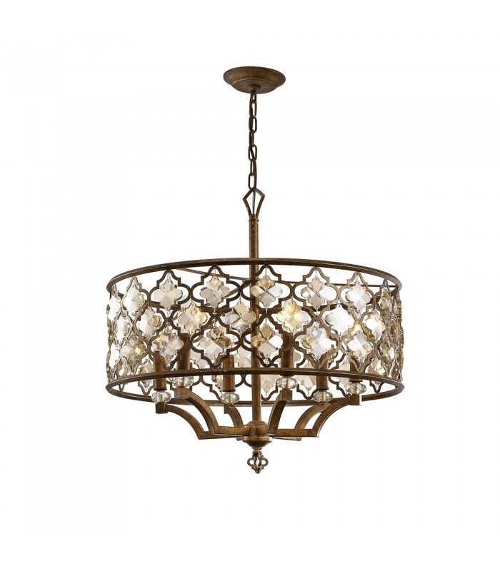 Cylindrical Ceiling Pendant 6 Light E14 Mocha, Teak Plated Crystal - 1