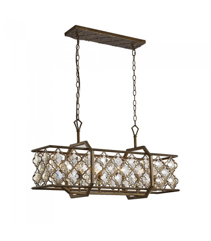 Ceiling Pendant 6 Light E14 Rectangle Mocha, Teak Plated Crystal - 1