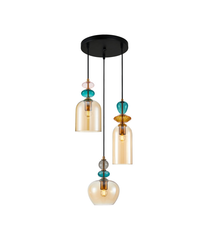 Busco Cluster Pendant Ceiling Light Gold Black with Amber Shade 3xE27-1