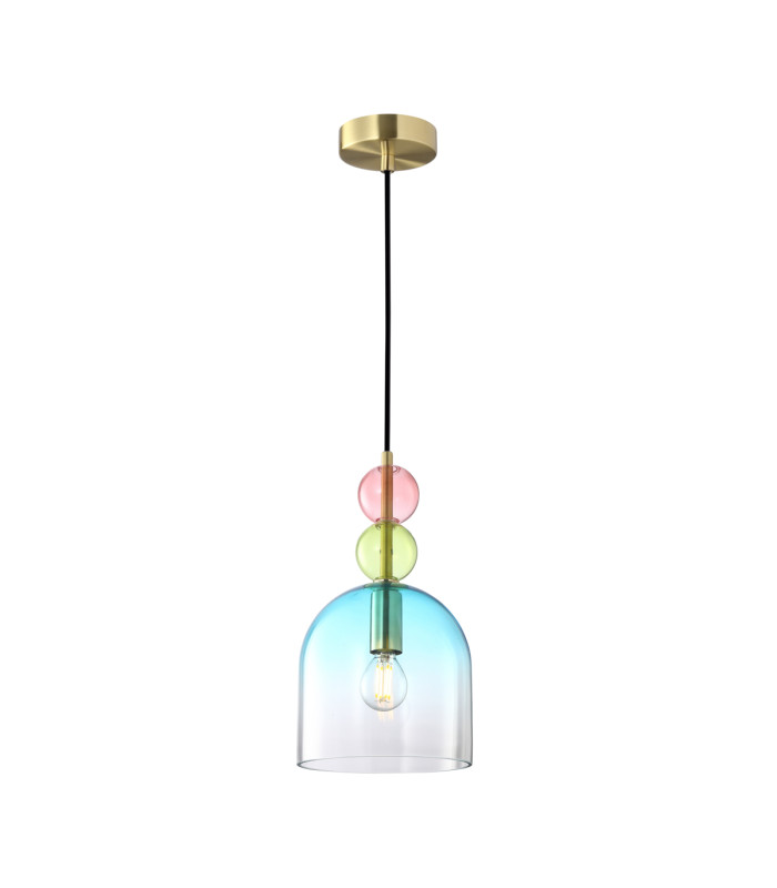 Manso 16cm Dome Pendant Ceiling Light Gold With Shine with Pink Green Blue Glass Shade-1