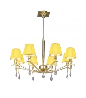 Ceiling Pendant Round 8 Light E14, Polished Brass with Amber Cream Shades And Clear Crystal - 1