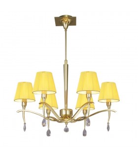 Ceiling Pendant Round 6 Light E14, Polished Brass with Amber Cream Shades And Clear Crystal - 1