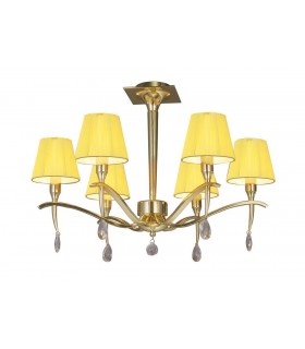 Semi Flush Ceiling Round 6 Light E14, Polished Brass with Amber Cream Shades And Clear Crystal - 1