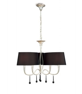 Ceiling Pendant 3 Arm 6 Light E14, Silver Painted with Black Shades & Black Glass Droplets - 1