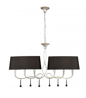 Ceiling Pendant 2 Arm 6 Light E14, Silver Painted with Black Shades & Black Glass Droplets - 1