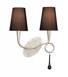 Wall Lamp Switched 2 Light E14, Silver Painted with Black Shades & Black Glass Droplets - 1
