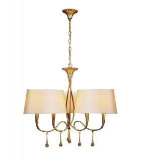 Ceiling Pendant 3 Arm 6 Light E14, Gold Painted with Cream Shades & Amber Glass Droplets - 1