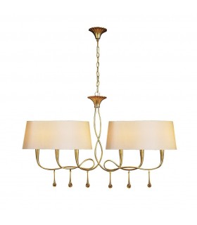 Ceiling Pendant 2 Arm 6 Light E14, Gold Painted with Cream Shades & Amber Glass Droplets - 1