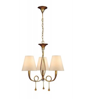 Ceiling Pendant 3 Light E14, Gold Painted with Cream Shades & Amber Glass Droplets - 1