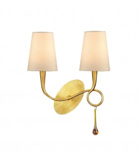 Wall Lamp Switched 2 Light E14, Gold Painted with Cream Shades & Amber Glass Droplets - 1