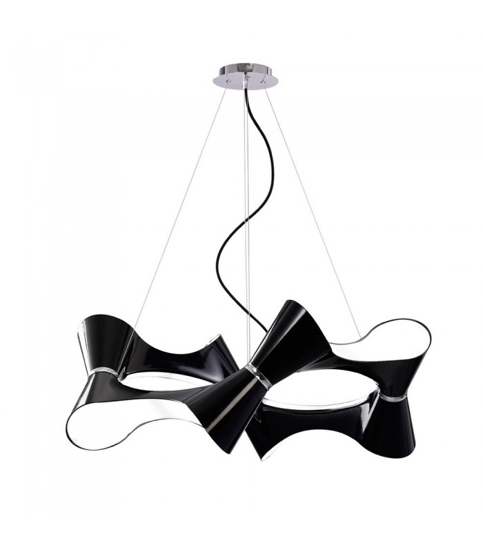 Ceiling Pendant 8 Twisted Round Light E27, Gloss Black, White Acrylic, Polished Chrome - 1