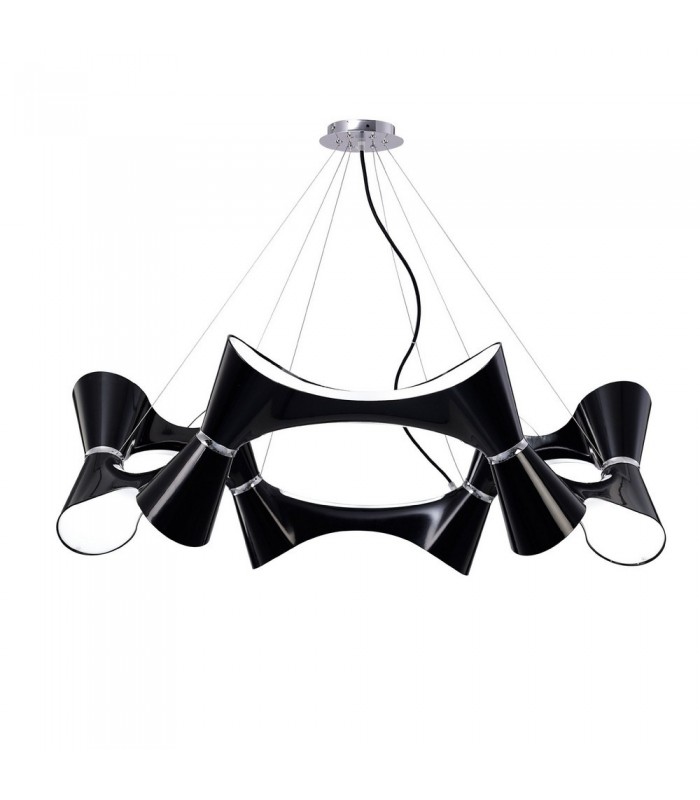 Ceiling Pendant 12 Twisted Round Light E27, Gloss Black, White Acrylic, Polished Chrome - 1