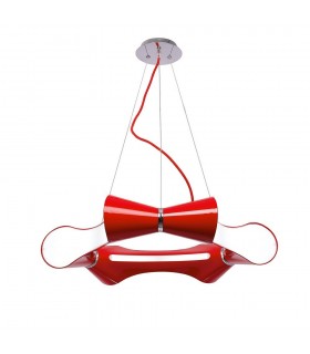 Ceiling Pendant 6 Flat Round Light E27, Gloss Red, White Acrylic, Polished Chrome - 1