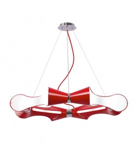 Ceiling Pendant 8 Flat Round Light E27, Gloss Red, White Acrylic, Polished Chrome - 1