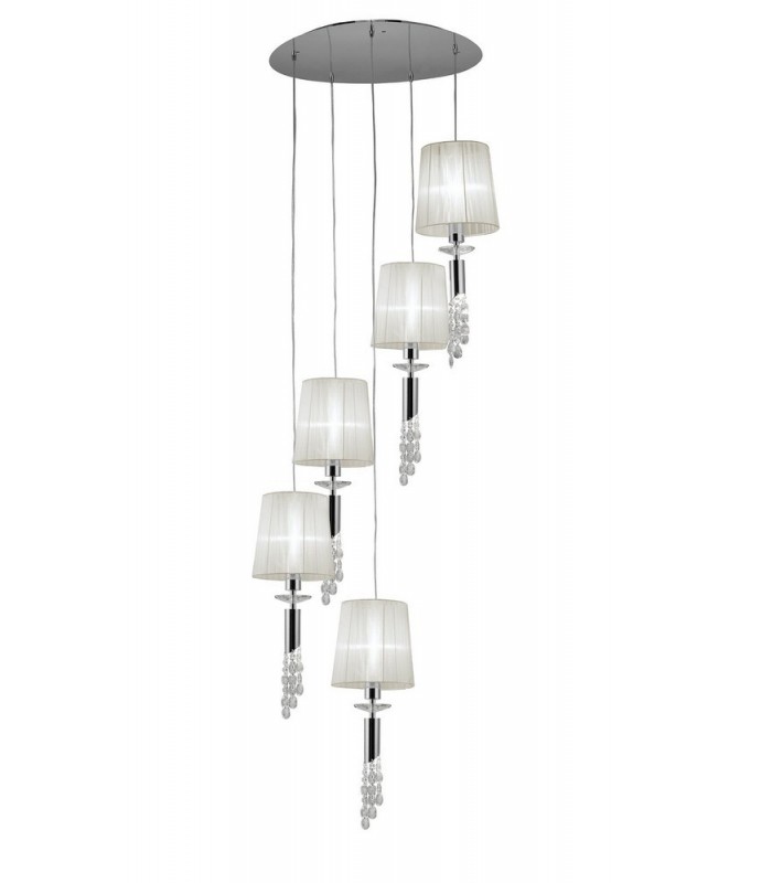 Ceiling Cluster Pendant 5+5 Light E27+G9 Spiral, Polished Chrome with White Shades & Clear Crystal - 1