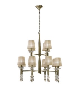 Ceiling Pendant 2 Tier 12+12 Light E14+G9, Antique Brass with Soft Bronze Shades & Clear Crystal - 1