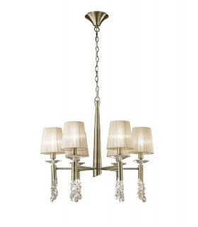Ceiling Pendant 6+6 Light E14+G9, Antique Brass with Soft Bronze Shades & Clear Crystal - 1