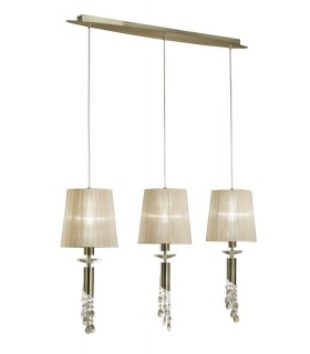 Ceiling Pendant 3+3 Light E27+G9 Line, Antique Brass with Soft Bronze Shades & Clear Crystal - 1