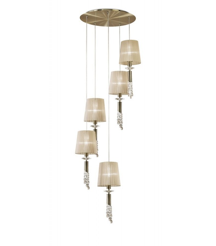 Ceiling Cluster Pendant 5+5 Light E27+G9 Spiral, Antique Brass with Soft Bronze Shades & Clear Crystal - 1