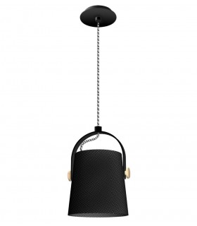 Ceiling Pendant with Black Shade 1 Light E27, Matt Black, Beech with Black Shade - 1